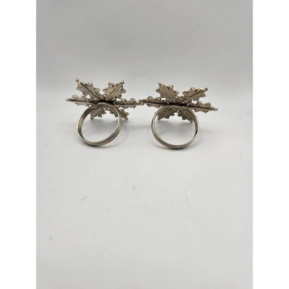 Snowflake Rhinestone Napkin Rings Set 2 Silver Tone Holiday Table Decor